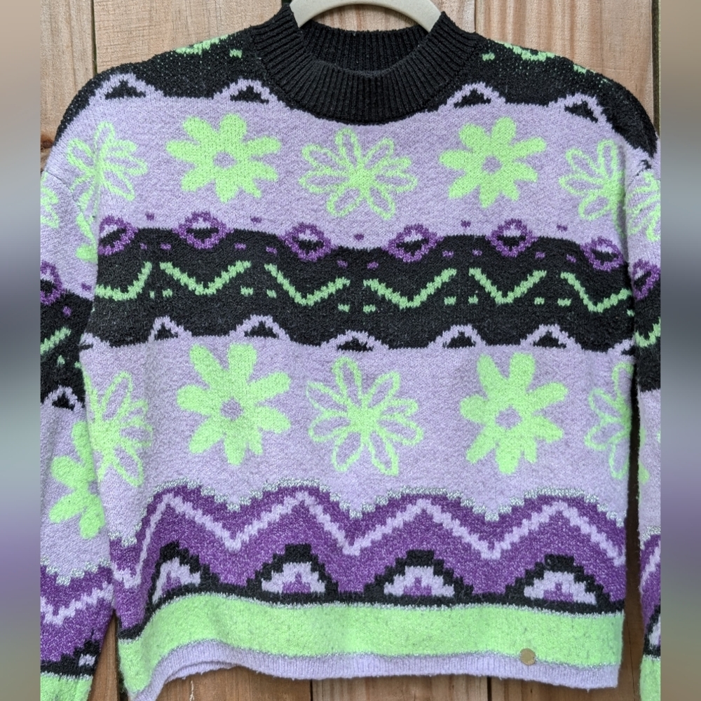 Justice Girls Kids Purple Green Black Retro Floral Fair Isle Patterned Sweater - Picture 5 of 10